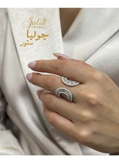 Julia Store Adjustable White Gold Plated CZ Open Baguette & Round Cut Diamond Like Cubic Zirconia Wide Open Band Stacking Finger Rings Minimalist Cute Statement Ring  - Image 3