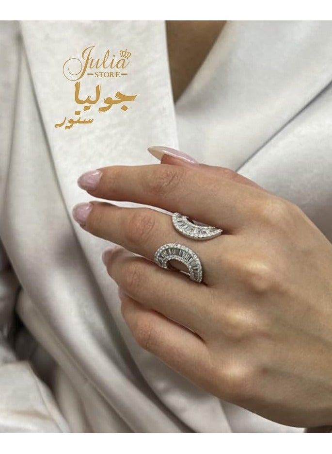 Julia Store Adjustable White Gold Plated CZ Open Baguette & Round Cut Diamond Like Cubic Zirconia Wide Open Band Stacking Finger Rings Minimalist Cute Statement Ring  - Image 3