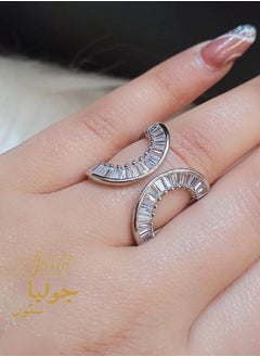 Julia Store Adjustable White Gold Plated CZ Open Baguette & Round Cut Diamond Like Cubic Zirconia Wide Open Band Stacking Finger Rings Minimalist Cute Statement Ring  - Image 4