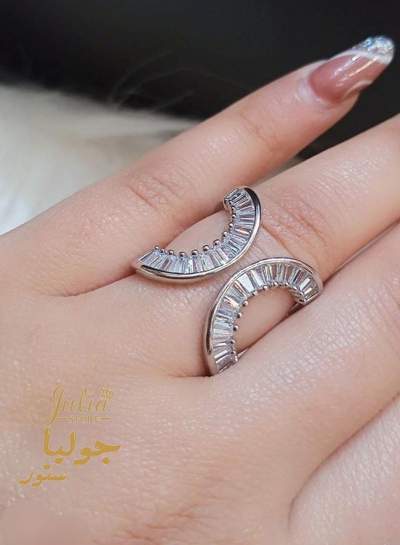 Julia Store Adjustable White Gold Plated CZ Open Baguette & Round Cut Diamond Like Cubic Zirconia Wide Open Band Stacking Finger Rings Minimalist Cute Statement Ring  - Image 4