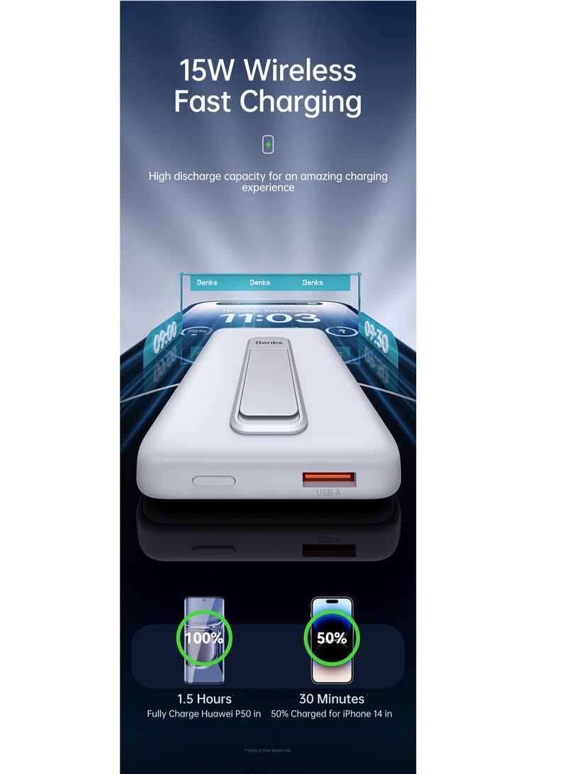 BENKS Magnetic Power Bank, 10,000mAh Foldable Kickstand Wireless Portable Charger, for MagSafe Battery Pack with Two-Way 20W USB-C Port for iPhone 15/14/13/12 Series, White - Image 5