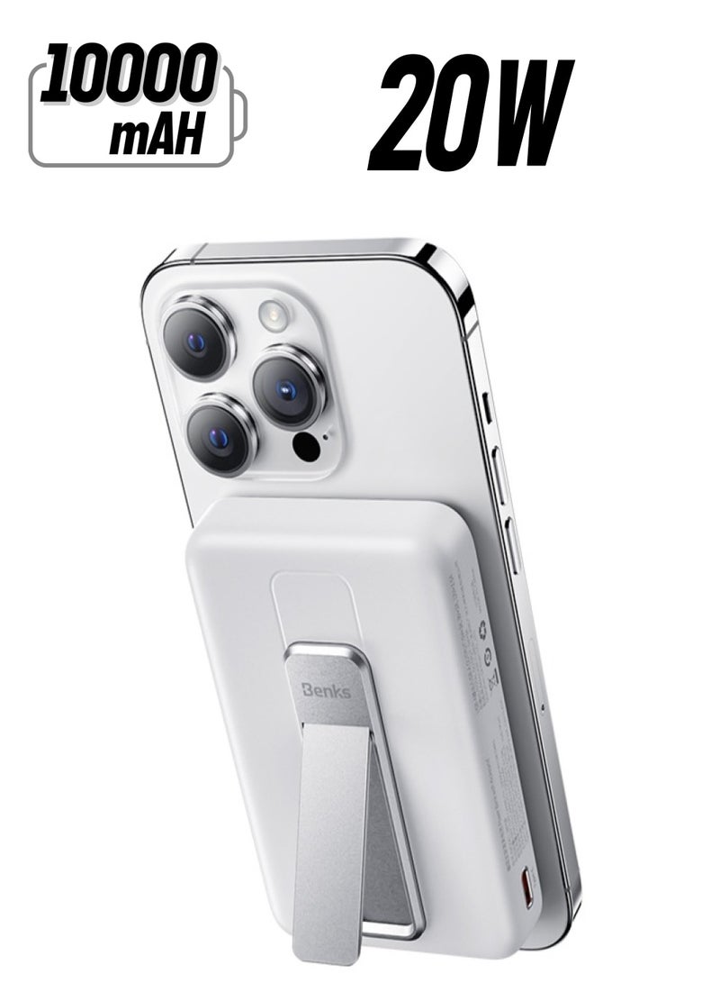 BENKS Magnetic Power Bank, 10,000mAh Foldable Kickstand Wireless Portable Charger, for MagSafe Battery Pack with Two-Way 20W USB-C Port for iPhone 15/14/13/12 Series, White - Image 1