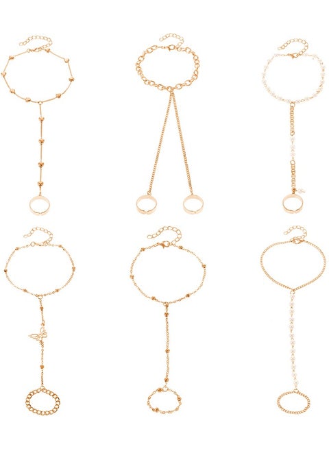 6 Pieces Chain Ring Bracelet Linked Finger Bracelet and Ring Attached, Bracelet with Ring, Adjustable Finger Ring Bracelet for Women Girls Jewelry