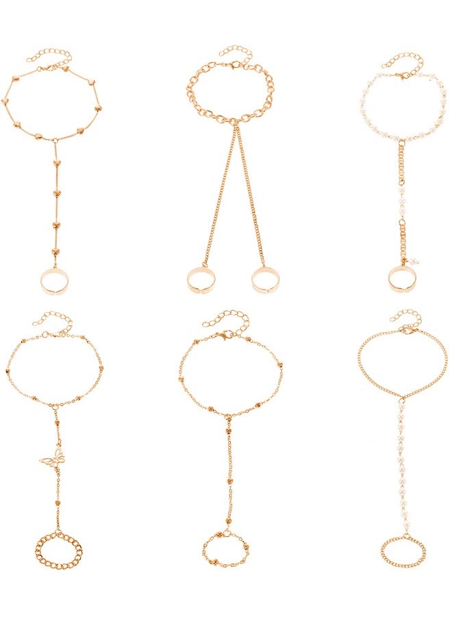 6 Pieces Chain Ring Bracelet Linked Finger Bracelet and Ring Attached, Bracelet with Ring, Adjustable Finger Ring Bracelet for Women Girls Jewelry