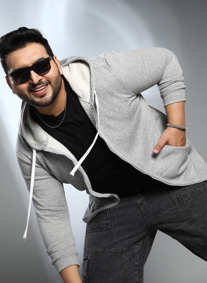 Instafab Plus Instafab Plus Men's Cloud Grey Solid Zip-Front Hoodie For Casual Wear | Hooded Neck | Long Cuffed Sleeves | Zipper Closure | Plus Size Sweatshirt Crafted With Comfort Fit For Everyday Wear - Image 1