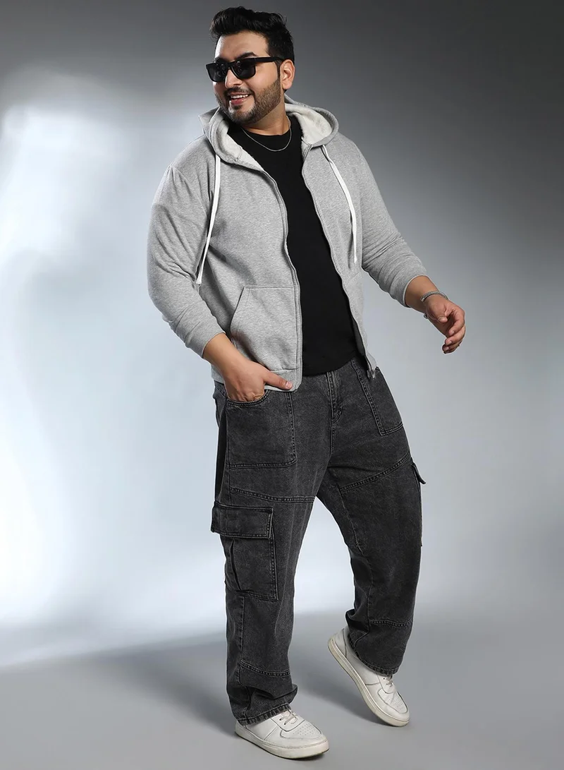 Instafab Plus Instafab Plus Men's Cloud Grey Solid Zip-Front Hoodie For Casual Wear | Hooded Neck | Long Cuffed Sleeves | Zipper Closure | Plus Size Sweatshirt Crafted With Comfort Fit For Everyday Wear
