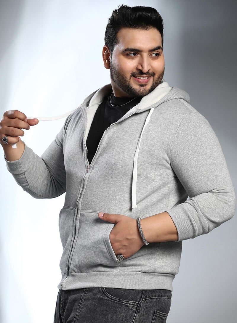 Instafab Plus Instafab Plus Men's Cloud Grey Solid Zip-Front Hoodie For Casual Wear | Hooded Neck | Long Cuffed Sleeves | Zipper Closure | Plus Size Sweatshirt Crafted With Comfort Fit For Everyday Wear - Image 3