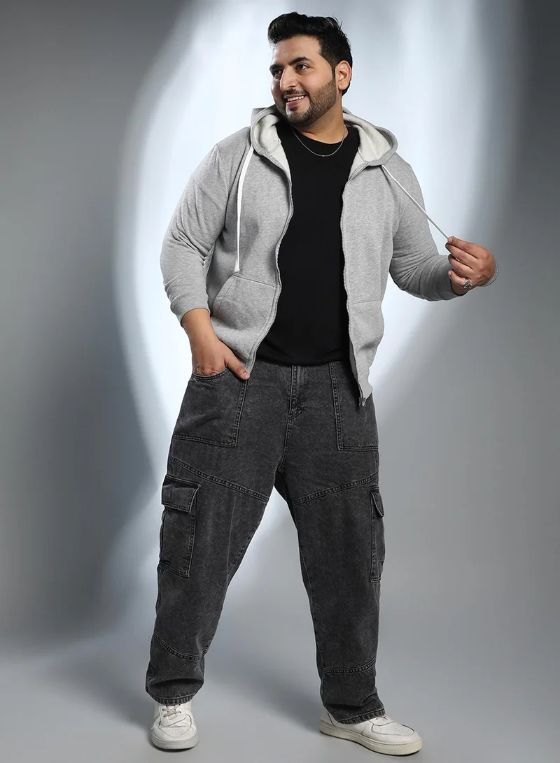 Instafab Plus Instafab Plus Men's Cloud Grey Solid Zip-Front Hoodie For Casual Wear | Hooded Neck | Long Cuffed Sleeves | Zipper Closure | Plus Size Sweatshirt Crafted With Comfort Fit For Everyday Wear