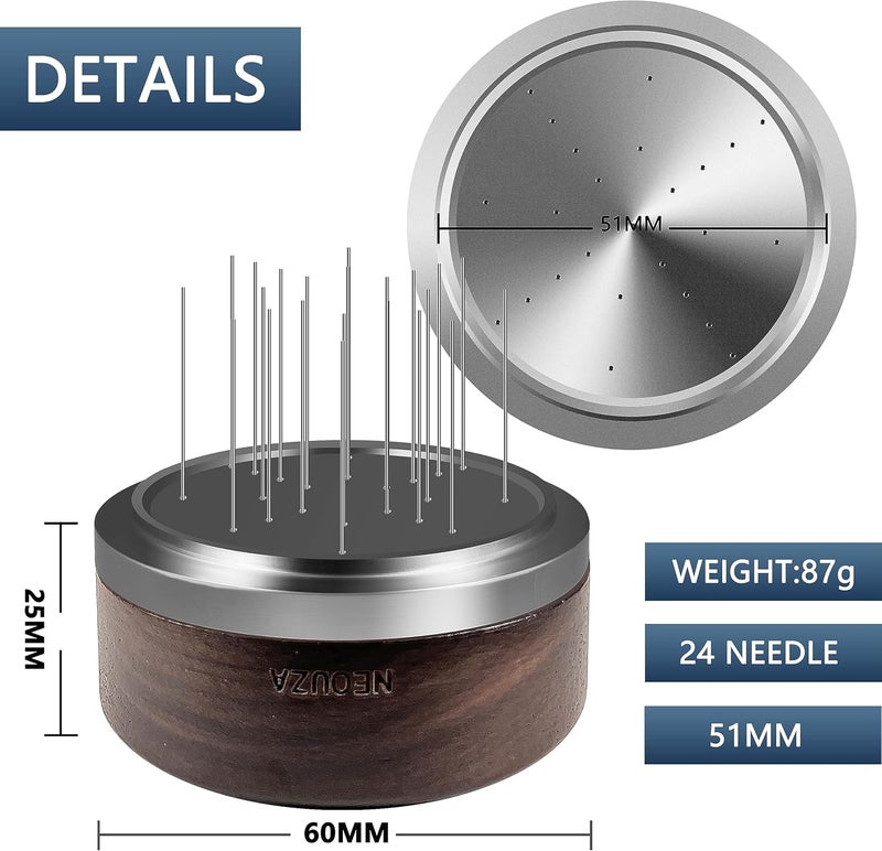 نيوزا أداة Palm WDT لتحريك قهوة الإسبريسو، تحتوي على 24 دبوسًا، ويمكن تعديل طولها في 3 مستويات، وهي ملحقات لتسوية توزيع المكونات داخل خزانات فلترات القهوة (قطر 51 مم). - Image 2
