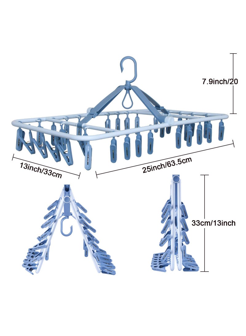 KASTWAVE Foldable Clip Hangers Drip Hanger Plastic with 32 Drying Clips Wind-Proof Hook Underwear Hanger with Clips Plastic Laundry Clip Drying Rack Hanger for Socks Bras Lingerie Clothes Blue - Image 2
