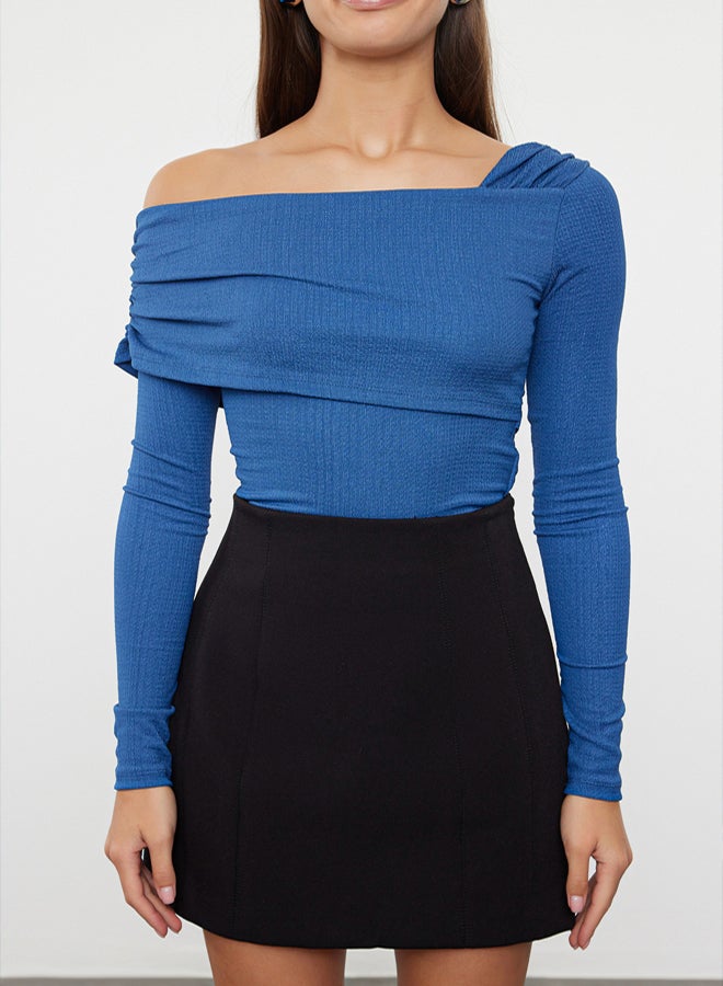 trendyol Indigo Asymmetrical Collar Draped Fitted Knitted Bodysuit TWOAW23BD00043 - Image 3