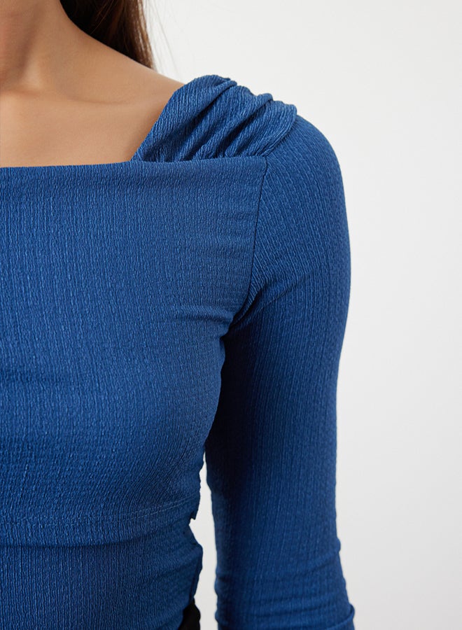 trendyol Indigo Asymmetrical Collar Draped Fitted Knitted Bodysuit TWOAW23BD00043 - Image 4