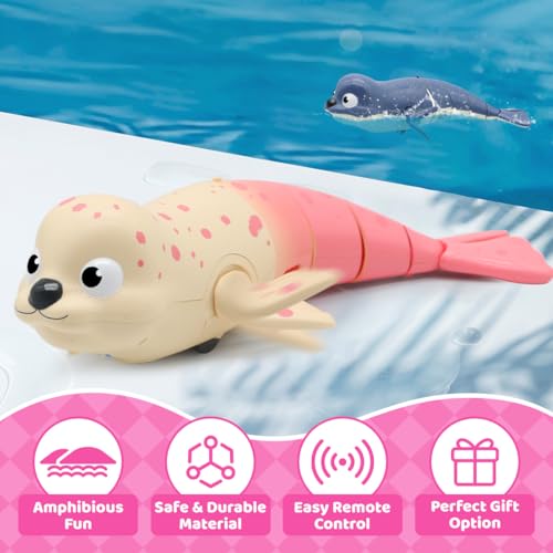 QUN XING Amphibious Remote Control Seal 24Ghz Rechargeable Pool Land Toy for Kids Ages 312 Waterproof Swimming Crawling Robot with USBC ChargingCute Bath Toy for Toddlers Boys Girls Pink - Image 5