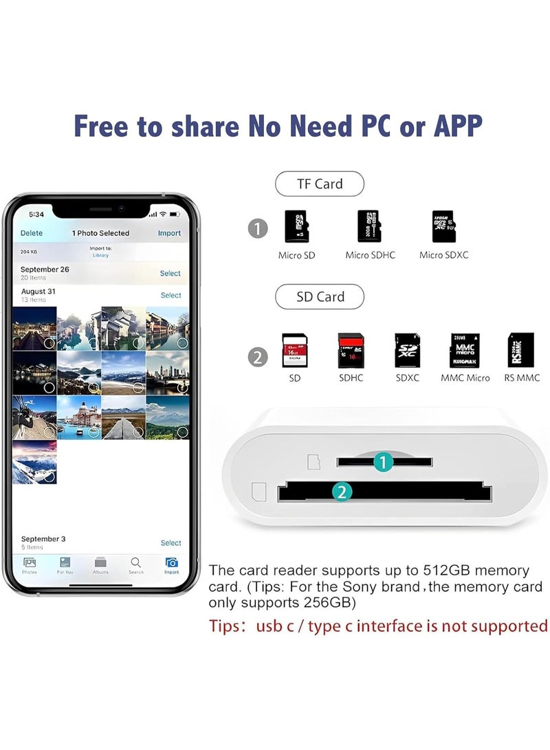 SD Card Reader for iPhone/iPad, 2 in 1 Memory Card Reader Adapter, Microsd card to Lightning Adapter, Camera Card Viewer with SD & TF card slots, Plug and Play - Image 4