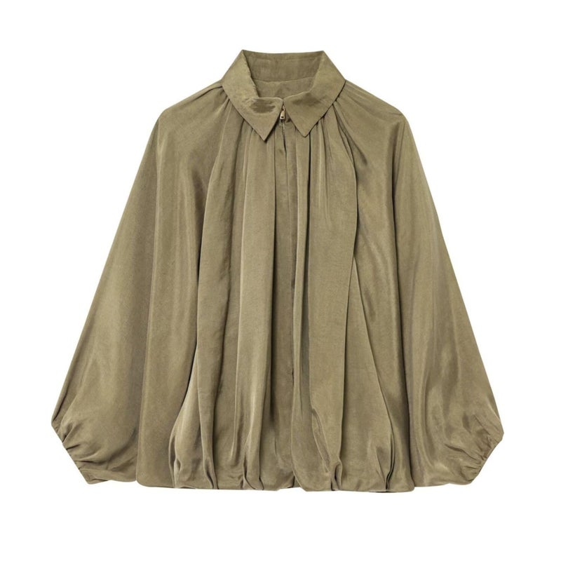 Xunger Women's Puffed Bomber Jacket Oversized Streetwear Casual Batwing Sleeve Lapel Collar Zip Front Pleated Shirts(1036-Green-S-RD) - Image 5