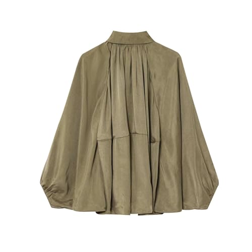 Xunger Women's Puffed Bomber Jacket Oversized Streetwear Casual Batwing Sleeve Lapel Collar Zip Front Pleated Shirts(1036-Green-S-RD) - Image 2