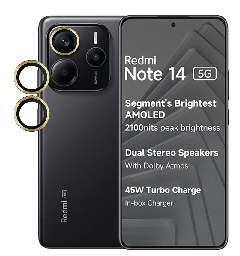FabeKee Tempered Glass Camera Lens Protector For Xiaomi Redmi Note 14 9H Hardness, Full Coverage Anti Scratch Camera Metal Ring (Redmi Note 14, Gold) - Image 1