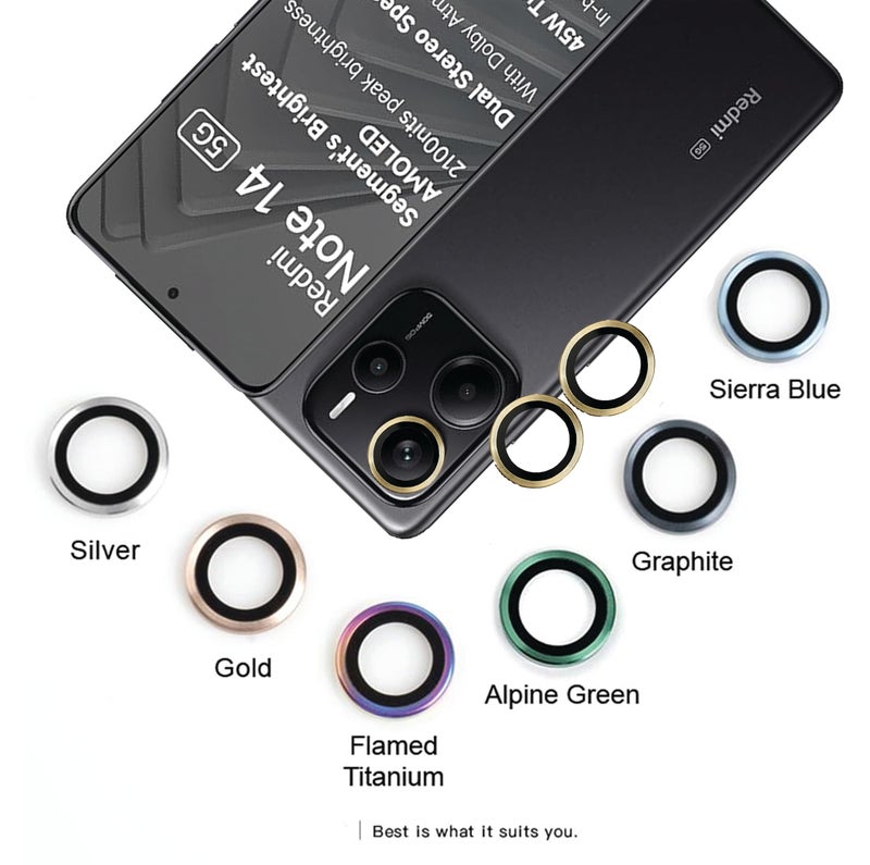 FabeKee Tempered Glass Camera Lens Protector For Xiaomi Redmi Note 14 9H Hardness, Full Coverage Anti Scratch Camera Metal Ring (Redmi Note 14, Gold) - Image 2