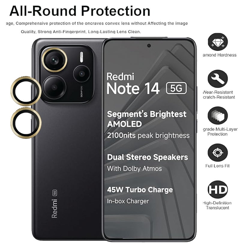 FabeKee Tempered Glass Camera Lens Protector For Xiaomi Redmi Note 14 9H Hardness, Full Coverage Anti Scratch Camera Metal Ring (Redmi Note 14, Gold) - Image 3