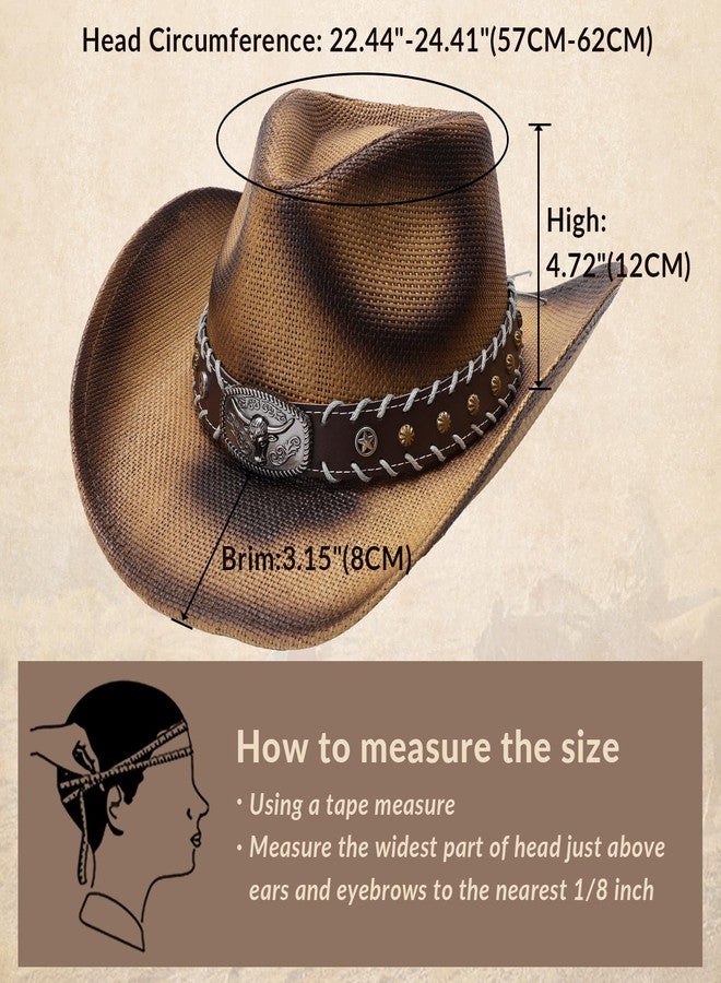 SANSTHS Cowboy Cowgirl Hats for Men Women 2 Pack Hatbands Straw Hat Wide Brim Breathable Western Hats for Lover - Image 4