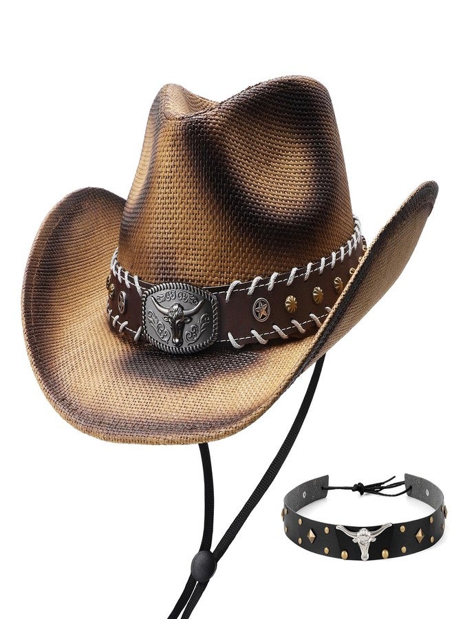 SANSTHS Cowboy Cowgirl Hats for Men Women 2 Pack Hatbands Straw Hat Wide Brim Breathable Western Hats for Lover - Image 1