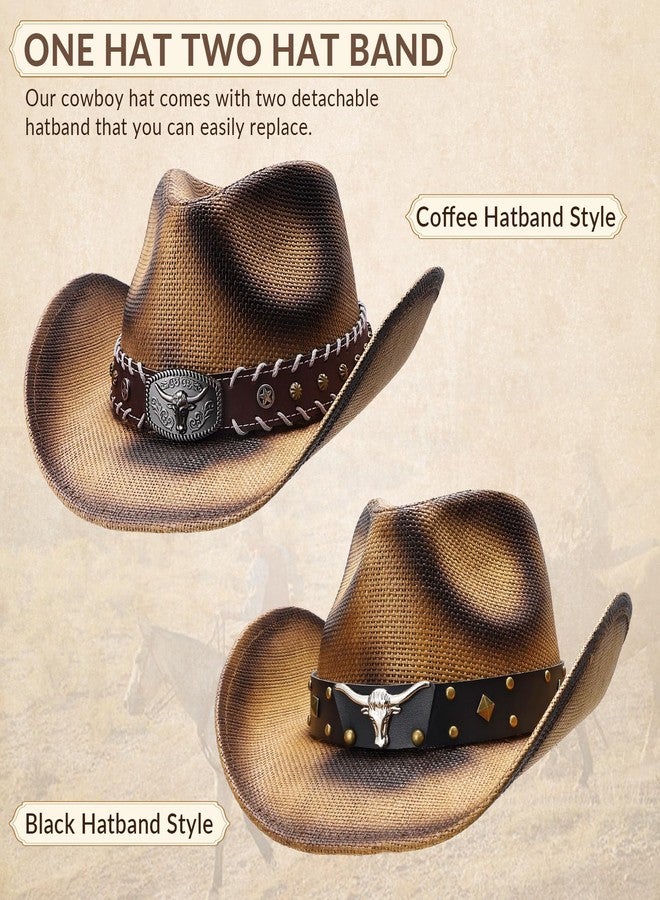 SANSTHS Cowboy Cowgirl Hats for Men Women 2 Pack Hatbands Straw Hat Wide Brim Breathable Western Hats for Lover - Image 2