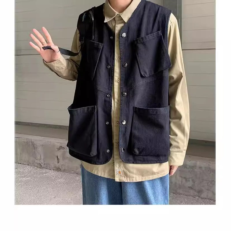 Summer Vest Coat Thin Outer Wear Collarless Japanese Tooling Fashionable Hong Kong Style Loose Personalized Waistcoat For Men And Women - Image 4