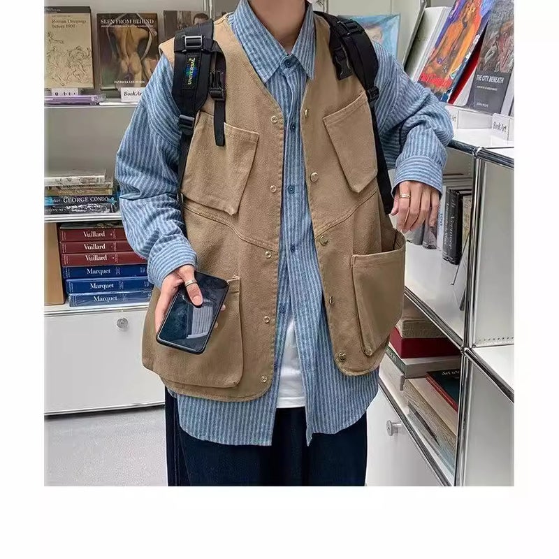 Summer Vest Coat Thin Outer Wear Collarless Japanese Tooling Fashionable Hong Kong Style Loose Personalized Waistcoat For Men And Women - Image 3