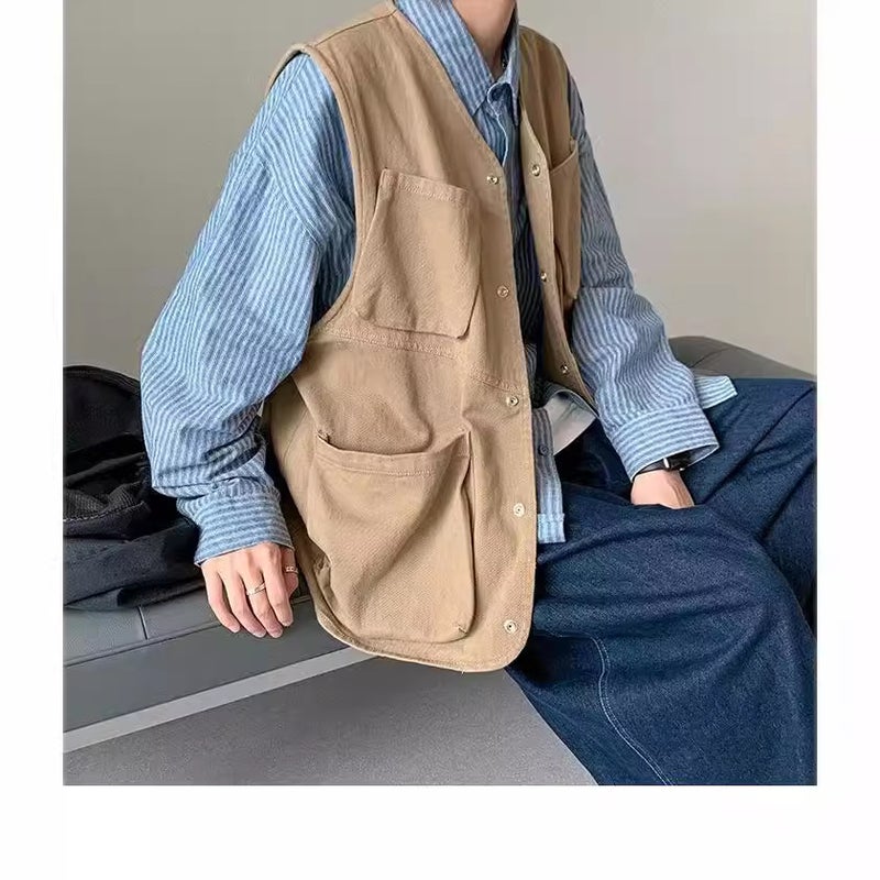 Summer Vest Coat Thin Outer Wear Collarless Japanese Tooling Fashionable Hong Kong Style Loose Personalized Waistcoat For Men And Women - Image 2