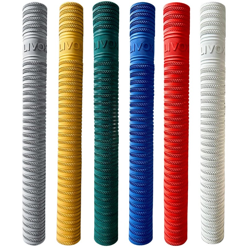 LIVOX Ring Texture Design Cricket Bat Rubber Grips for Better Shock Absorption Extra Cushioning Soft Touch (Gold, Silver, Green, Blue, Red, White, Pack of 6) - Image 1