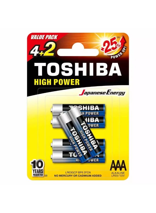 Toshiba High Power Alkaline AAA - 4+2 Battery Pack, +25% Power Up Energy