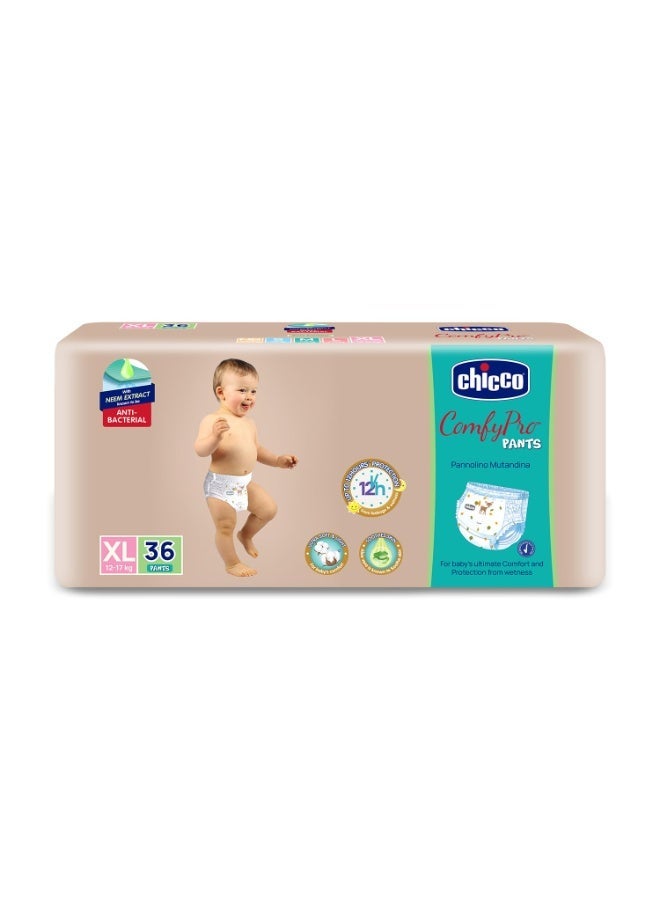Chicco Comfy-Pro Pant Style Baby Diapers | Anti-bacterial benefits | Ultra Soft & 12hrs protection | Wetness indicator & Disposing Tapes - XL, 36 Count, 12-17 Kg - Image 1
