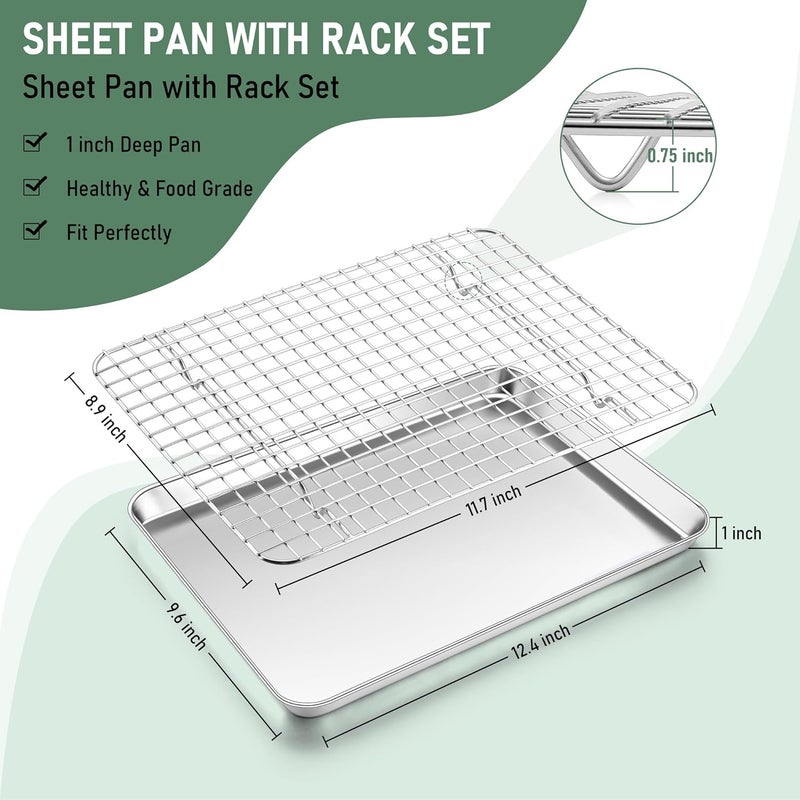 Homikit Baking Sheet with Wire Rack Set, Stainless Steel Quarter Sheet Pan with Grid Cooling Rack for Toaster Oven Roasting, Metal Bacon Cookie Trays Nonstick Jelly Roll Pan, 12" x 10" x 1 Inch - Image 2