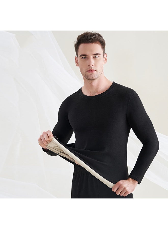 NIBEMINENT طقم ملابس داخلية شتوي للرجال تي شيرت سميك مزود بفليس بياقة دائرية وسروال أساسي سادة قطعتين ملابس داخلية حرارية - Image 1