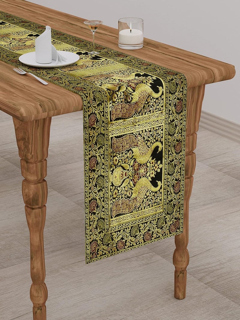 E Ezra Christmas Diwali Room DECOR Gold Banarasi Brocade Silk Table Runner for Table 6 4 Seater Peacock Centre Table Top Rectangle 60x16 Inches Black