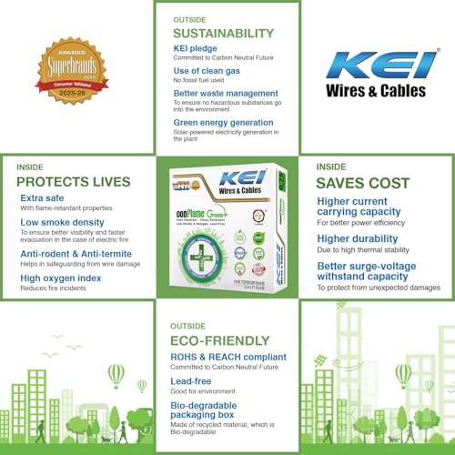 KEI CONFLAME GREEN PLUS 0.75 sqmm 1 Core Copper Heat Resistant Flame Retardant Low Smoke & Halogen - House Wire for Domestic & Industrial Electrical Wiring (Yellow, 90 Meters) - Image 3