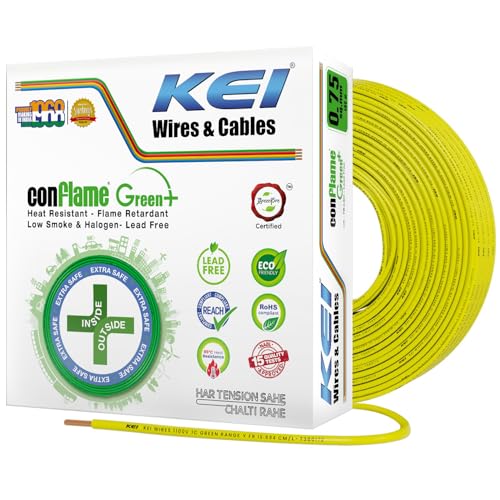 KEI CONFLAME GREEN PLUS 0.75 sqmm 1 Core Copper Heat Resistant Flame Retardant Low Smoke & Halogen - House Wire for Domestic & Industrial Electrical Wiring (Yellow, 90 Meters) - Image 1