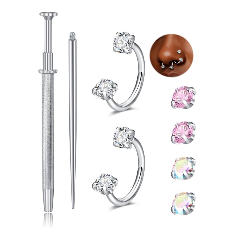 QWALIT Silver 18g Horseshoe Nose Ring Double Stud Gem Horse Shoe Nose Ring Hoop for Women Surgical Steel U Shape Half Earring Tragus Earring Hoops Lip Helix Piercing Jewelry Septum Rings 6mm 7mm - Image 1