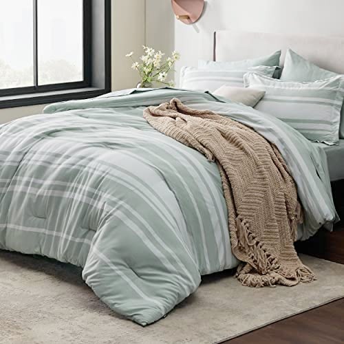 Bedsure Bedsure Full Comforter Set 7 Pieces Sage Green Striped Bedding Set for Full Size Bed Reversible Cationic Dyeing Bed in a Bag with Comforter Sheets Pillowcases  Shams 