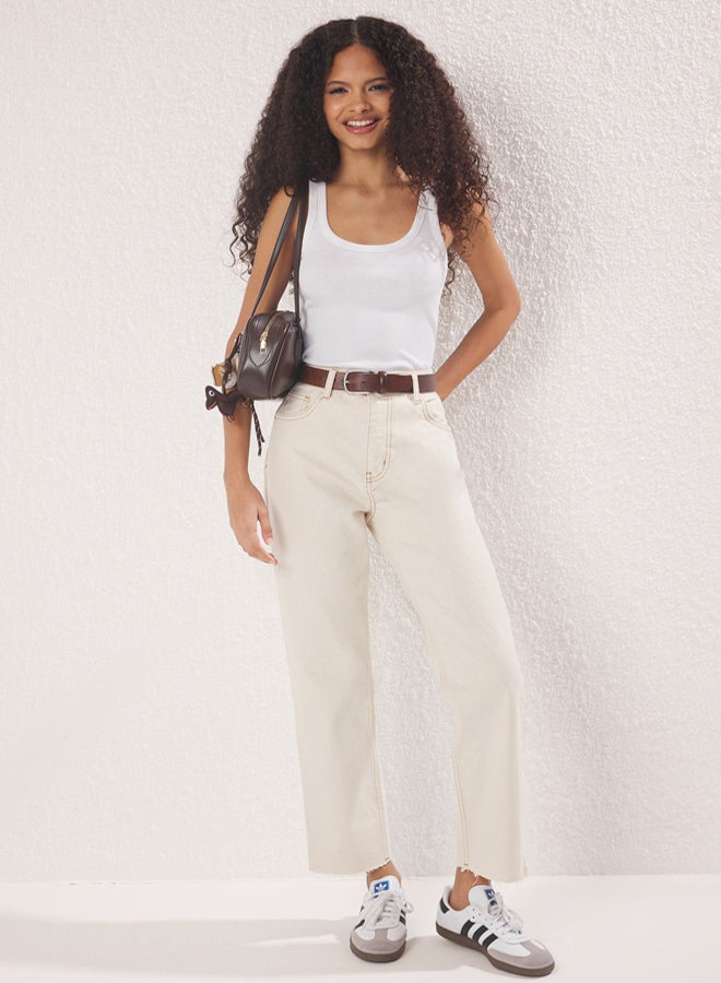 trendyol Ecru Cut-Off High Waist Straight Jeans - Image 2