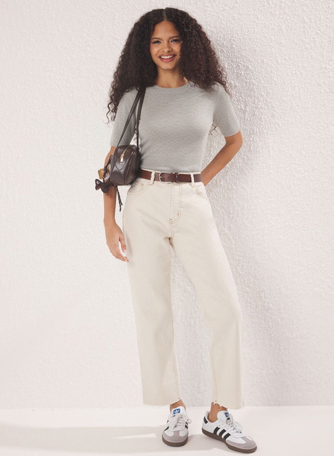 trendyol Ecru Cut-Off High Waist Straight Jeans - Image 1