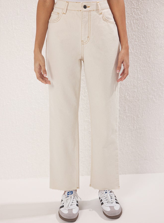 trendyol Ecru Cut-Off High Waist Straight Jeans - Image 4