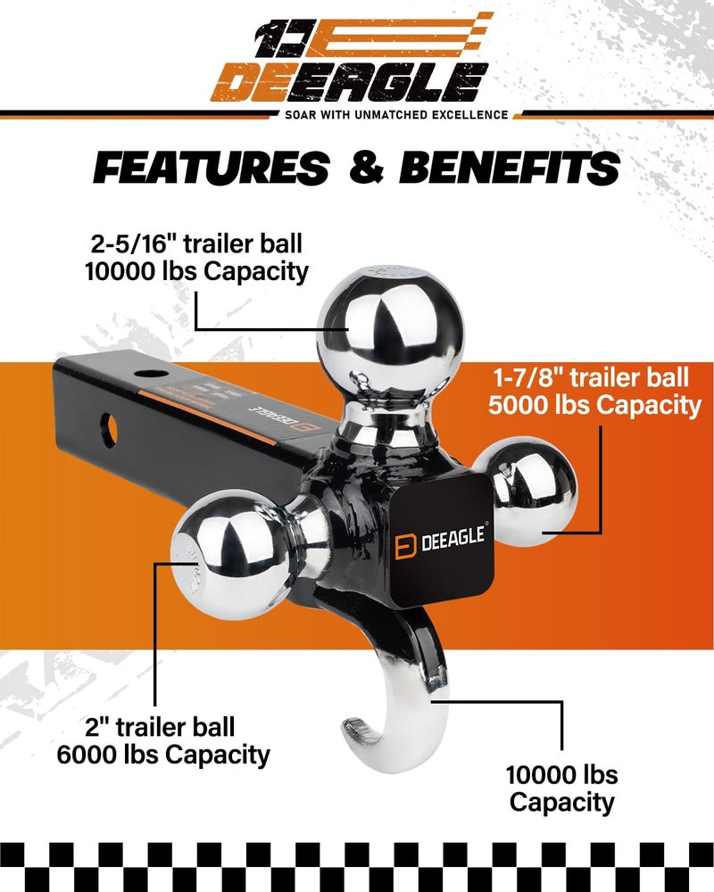 DEEAGLE 3 Ball Hitch with Hook, Tri Ball Hitch, 1-7/8", 2" and 2-5/16" Ball, Fit 2â€ Hitch Receiver, Heavy Duty Tow Hitch - Image 3