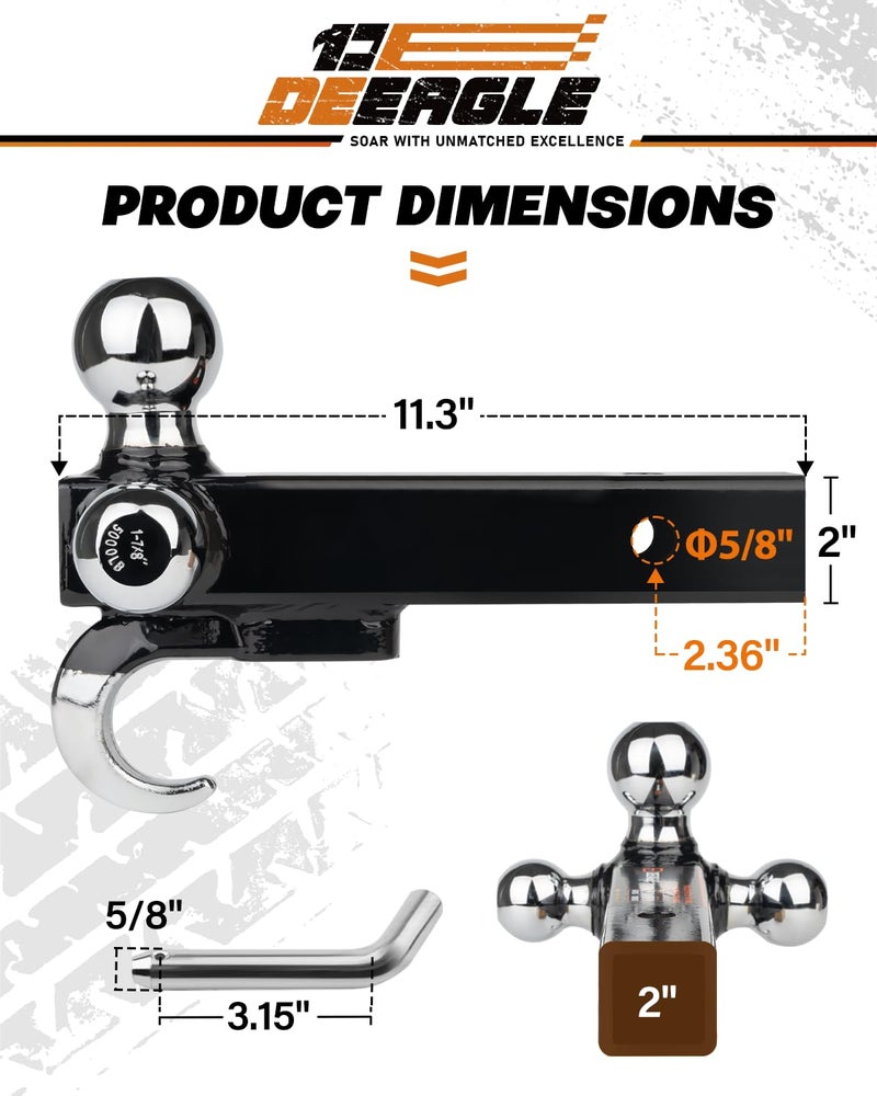 DEEAGLE 3 Ball Hitch with Hook, Tri Ball Hitch, 1-7/8", 2" and 2-5/16" Ball, Fit 2â€ Hitch Receiver, Heavy Duty Tow Hitch - Image 2