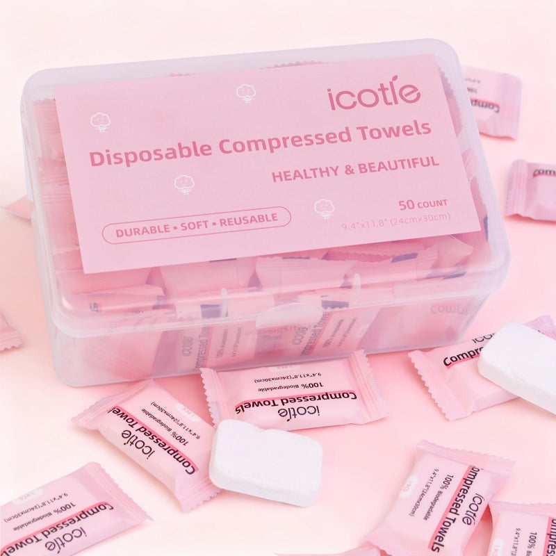 ICOTLE 50 Pcs Compressed Towels Disposable Cotton Coin Tissue Pack, Portable Face Cloths, Soft Thick Expandable Wash Towels for Travel, Home, Camping, Outdoor, Gym, Makeup Removal - Image 4