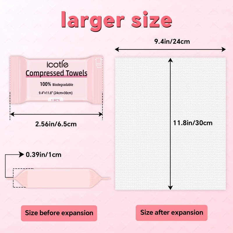 ICOTLE 50 Pcs Compressed Towels Disposable Cotton Coin Tissue Pack, Portable Face Cloths, Soft Thick Expandable Wash Towels for Travel, Home, Camping, Outdoor, Gym, Makeup Removal - Image 3