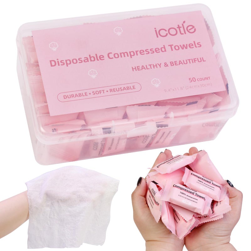 ICOTLE 50 Pcs Compressed Towels Disposable Cotton Coin Tissue Pack, Portable Face Cloths, Soft Thick Expandable Wash Towels for Travel, Home, Camping, Outdoor, Gym, Makeup Removal - Image 1