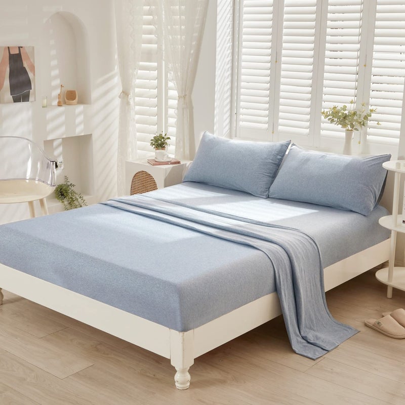 LIFETOWN LIFETOWN 100% Jersey Knit Cotton Bed Sheet Ultra Soft T-Shirt Feel Bedding Sheet 1 Piece Flat Sheet Breathable Wrinkle-Free (Heathered Greyish Blue  Queen)  - Image 4
