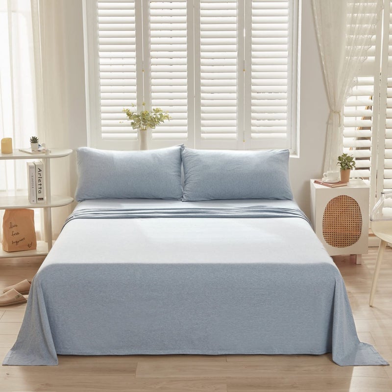 LIFETOWN LIFETOWN 100% Jersey Knit Cotton Bed Sheet Ultra Soft T-Shirt Feel Bedding Sheet 1 Piece Flat Sheet Breathable Wrinkle-Free (Heathered Greyish Blue  Queen)  - Image 2