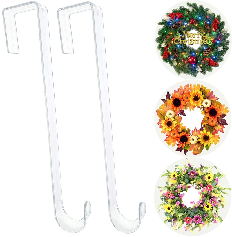 Biorshar Wreath Hanger,12” Clear Wreath Hooks for Front Door,2 Pack Over the Door Easter Christmas Decoration Hangers Fall Halloween Wreaths holder,Non Scratch Wreath Hangers for Front Door Décor Welcome Sign - Image 1
